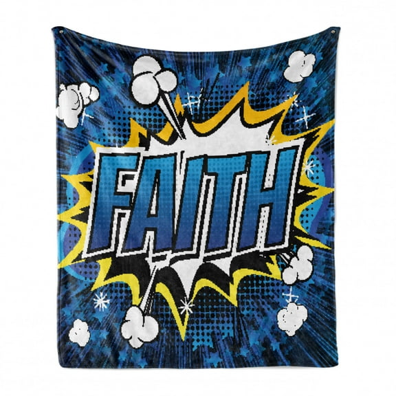 Faith Soft Flannel Fleece Throw Blanket, Funky Comic Book Illustration of the Word Faith, Cozy Plush for Indoor and Outdoor Use, 60" x 80", Earth Yellow Sea Blue, by Ambesonne
