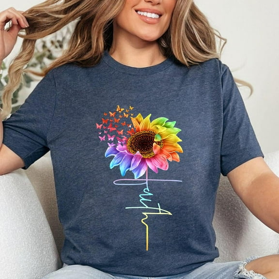 Faith Sunflower & Butterfly T-Shirt - Christian Inspirational Tee with Cross All Size S-5Xl