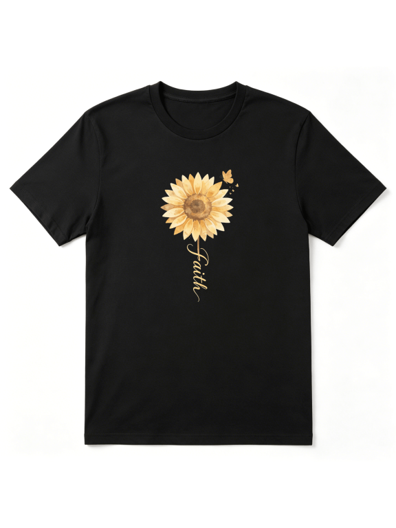 Faith Sunflower Floral Image Vintage Graphic Tee for Women, Birthday Gift Beach Cotton Short Sleeves T-Shirt