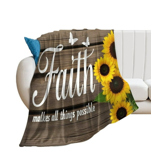 Faith Sunflowers Motivation Blanket Throw Blankets Warm Cozy Lightweight Couch Blanket Stuff Gifts for Women Mom Teens