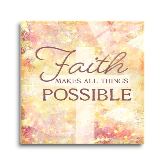 Faith Things Possible Golden Pink Cross 24 x 24 Glass Wall Hanging Sign