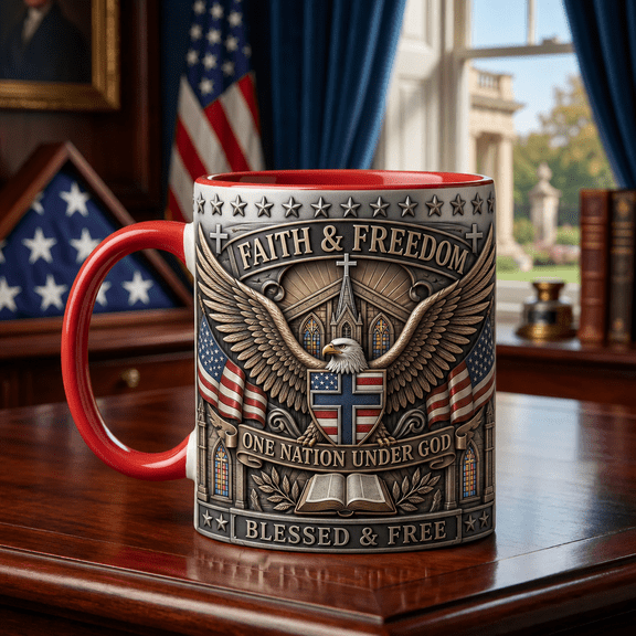 Faith and Freedom Mug with Red Handle, Eagle Flag Church Coffee Cup Gift