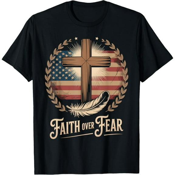 Faith over fear cross feather rustic flag T-Shirt Tops Tee
