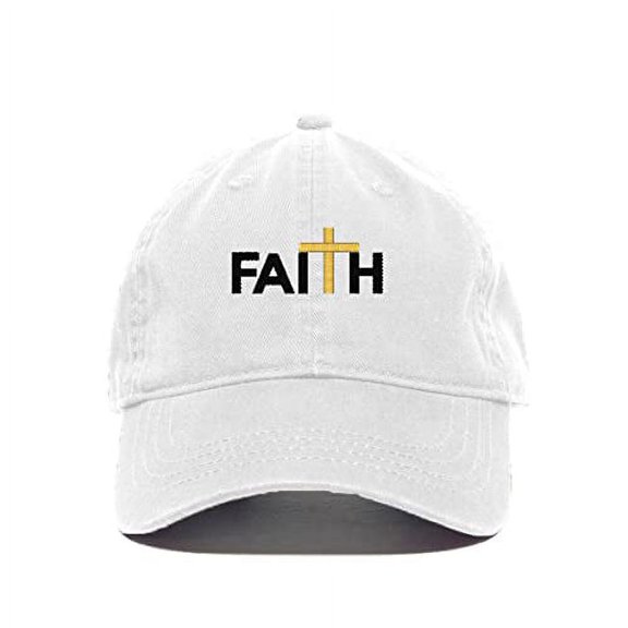 Faith with Cross Christianity Baseball Cap Embroidered Cotton Adjustable Dad Hat White