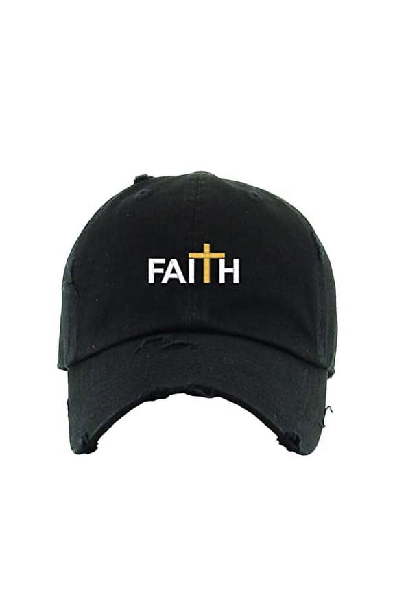 Faith with Cross Vintage Baseball Cap Embroidered Cotton Adjustable Distressed Dad Hat Black