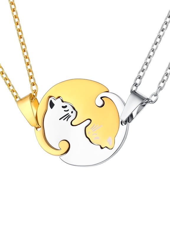 2pcs Cute Cat Puzzle Matching Necklaces Stainless Steel BFF Pendant Necklaces for Women Men Couple Friendship Jewelry Gift for Mother's Day