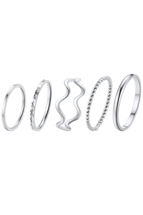 5pcs Rings Set for Women Stainless Steel Thin Cute Stackable Polished Midi Finger Rings Birthday Anniversary Party Jewelry Gift for Daughter Girlfriend