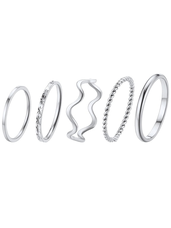 5pcs Rings Set for Women Stainless Steel Thin Cute Stackable Polished Midi Finger Rings Birthday Anniversary Party Jewelry Gift for Daughter Girlfriend
