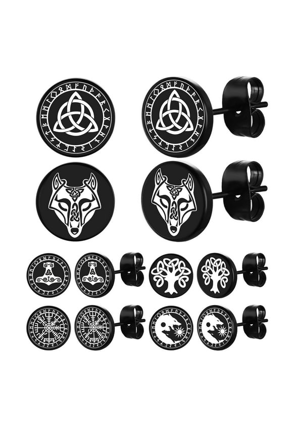 6 Pairs Norse Viking Dot Stud Earrings Set for Men Black Compass Thor's Hammer Celtic Wolf Tree of Life Ear Studs Jewelry Gift for Boyfriend Husband Valentine's Day