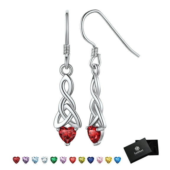 FaithHeart 925 Sterling Silver Birthstone Earrings for Women January Garnet Heart Earrings Celtic Knot Dangle Drop Earrings Jewelry Gift for Daughter Mom Birthday Mothers Day Thanksgiving