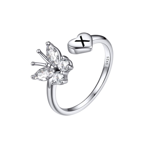 FaithHeart 925 Sterling Silver Butterfly CZ Rings Initial Rings for Women Expandable Open Rings Adjustable Size Letter X