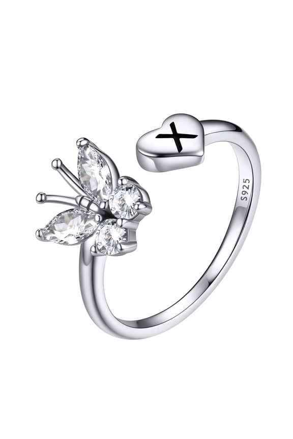 925 Sterling Silver Butterfly CZ Rings Initial Rings for Women Expandable Open Rings Adjustable Size Letter X