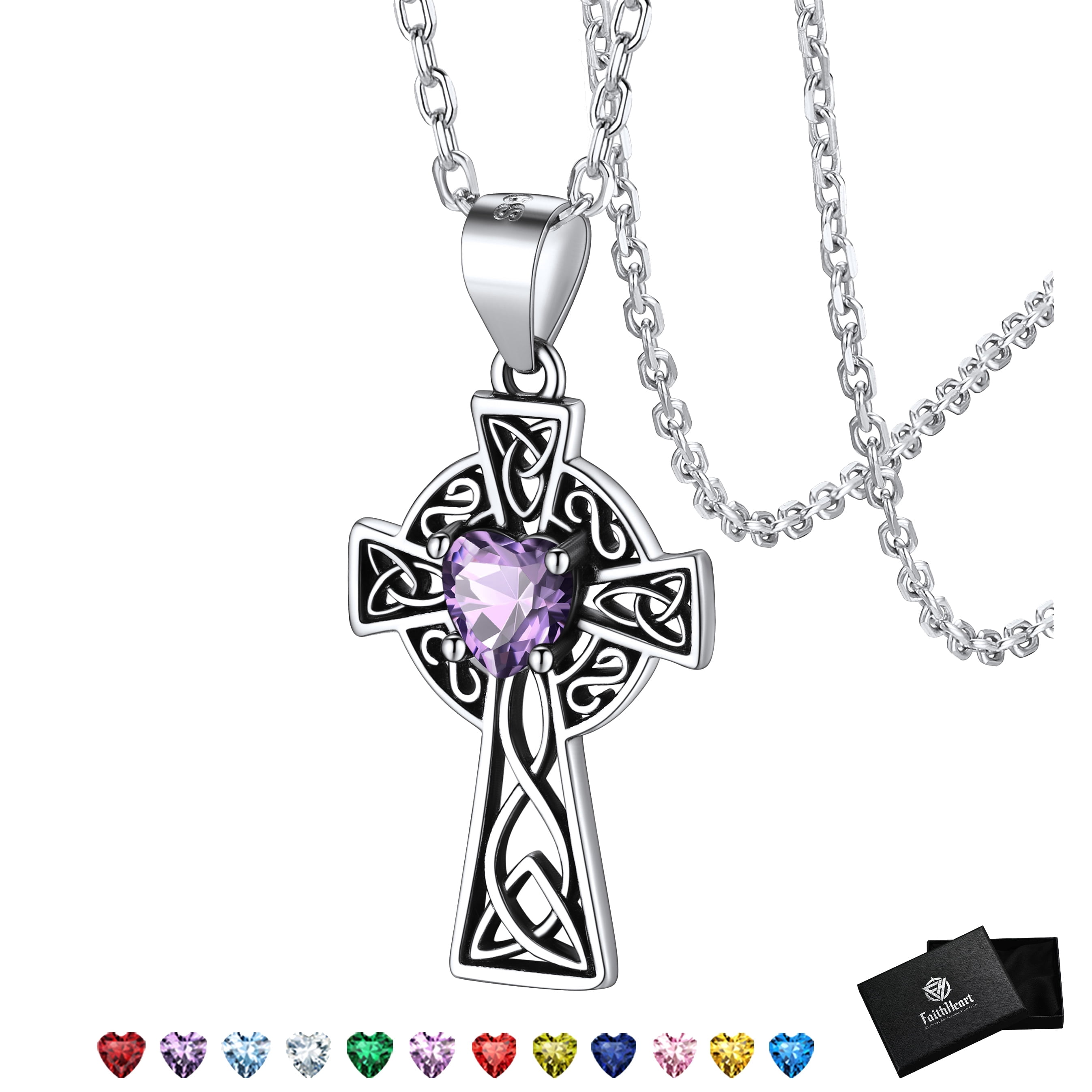 FaithHeart 925 Sterling Silver Irish Celtic Cross Necklace for Women February Amethyst Heart Birthstone Pendant Necklace Birthday Jewelry Gifts