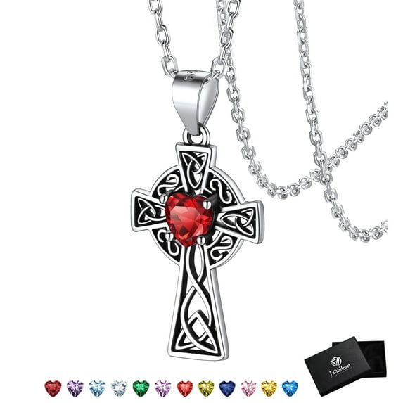 FaithHeart 925 Sterling Silver Irish Celtic Cross Necklace for Women January Red Garnet Heart Birthstone Pendant Necklace Birthday Jewelry Gifts