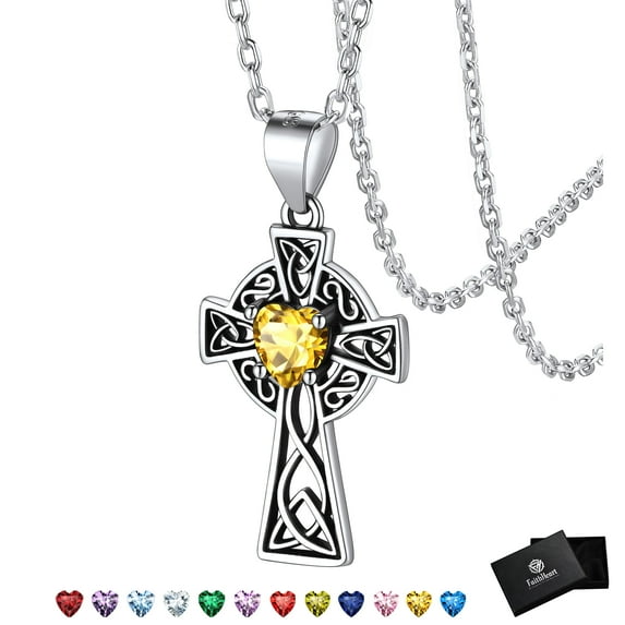 FaithHeart 925 Sterling Silver Irish Celtic Cross Necklace for Women November Yellow Topaz Heart Birthstone Pendant Necklace Birthday Jewelry Gifts