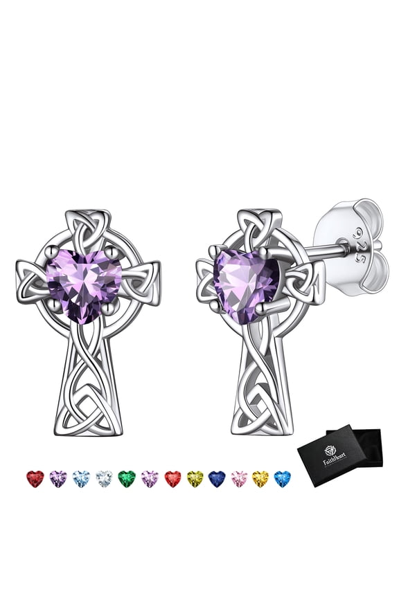 925 Sterling Silver Irish Celtic Cross Stud Earrings for Women February Amethyst Heart Birthstone Earrings Christmas Jewelry Gifts