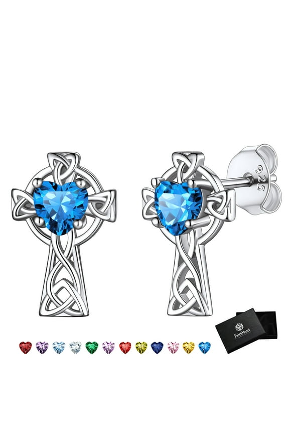 925 Sterling Silver Irish Celtic Cross Stud Earrings for Women December Blue Topaz Heart Birthstone Earrings Birthday Jewelry Gifts