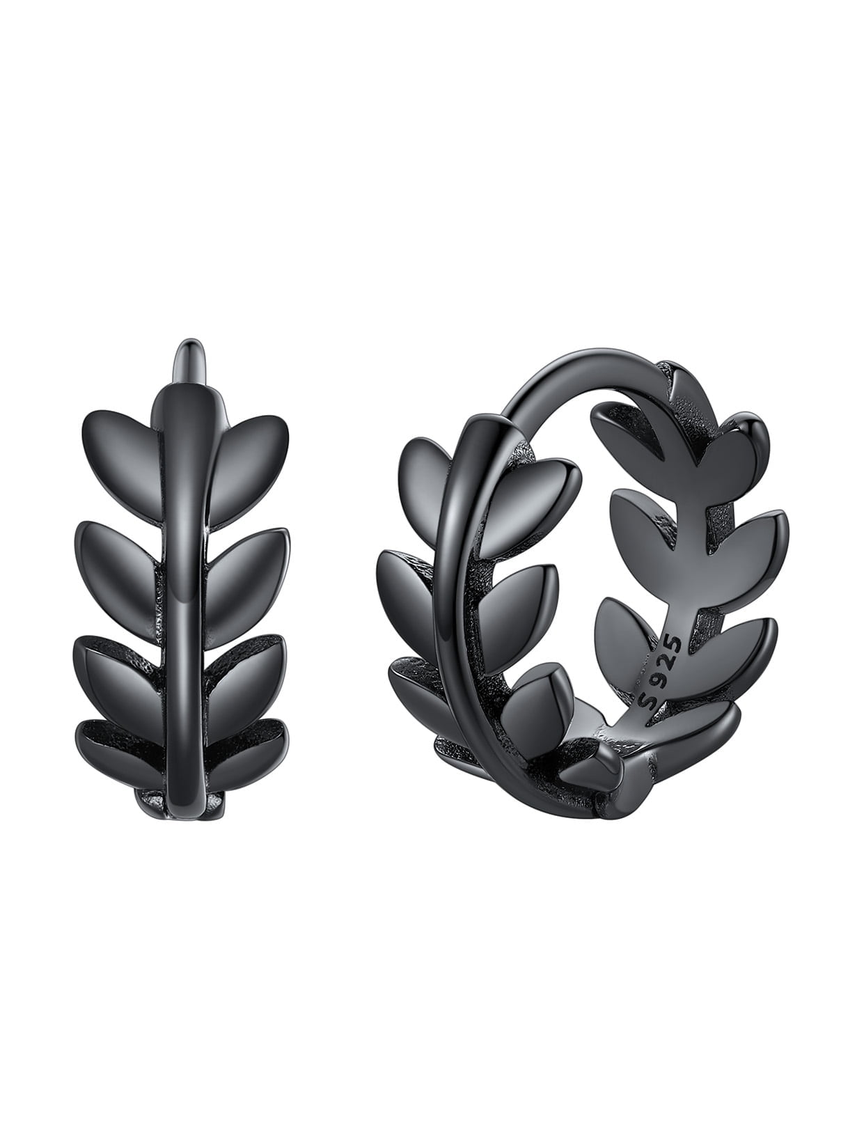FaithHeart 925 Sterling Silver Leaf Huggie Hoop Earrings for Women Lightweight Dainty Hypoallergenic Small 9mm Cartilage Huggies Black Earrings Jewelry Gift for Granddaughter Sister Christmas