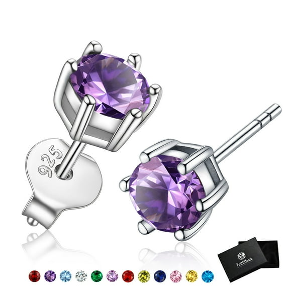 FaithHeart 925 Sterling Silver Round Stud Earrings for Women February Amethyst Birthstone Earrings Jewelry Gift for Girlfriend Birthday Valentines Day