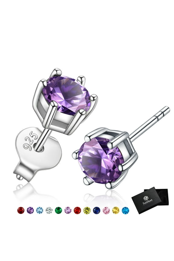 925 Sterling Silver Round Stud Earrings for Women February Amethyst Birthstone Earrings Jewelry Gift for Girlfriend Birthday Valentines Day