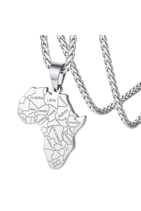 African Map Pendant Necklace for Men Women Stainless Steel Hip Hop Punk Jewelry Gift for Boyfriend Husband Birthday Christmas