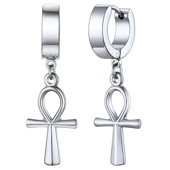 FaithHeart Ankh Cross Earrings for Women Dangle Hinged Huggie Hoops Stainless Steel Egyptian Drop Earrings Jewelry Gifts for Daughter Birthday