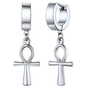 FaithHeart Ankh Cross Earrings for Women Dangle Hinged Huggie Hoops Stainless Steel Egyptian Drop Earrings Silver
