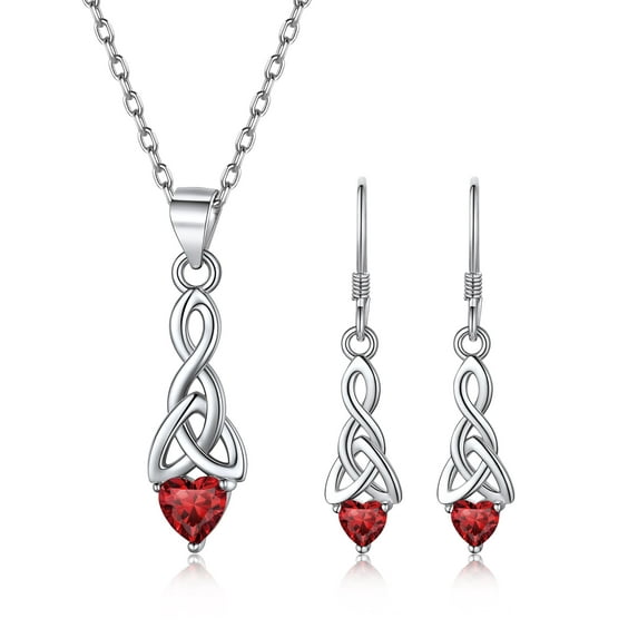 FaithHeart Birthstone Heart Jewelry Set for Women 925 Sterling Silver January Garnet Gemstone Celtic Knot Necklace Drop Earrings Jewelry Gift for Daughter Mom Birthday Mothers Day Thanksgiving