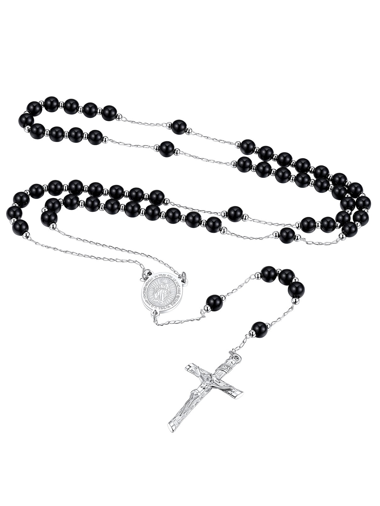 OIDEA Catholic Rosary Necklace For Women - Stainless Steel Crucifix Cross & Virgin Mary Medal Pearl Y Necklace