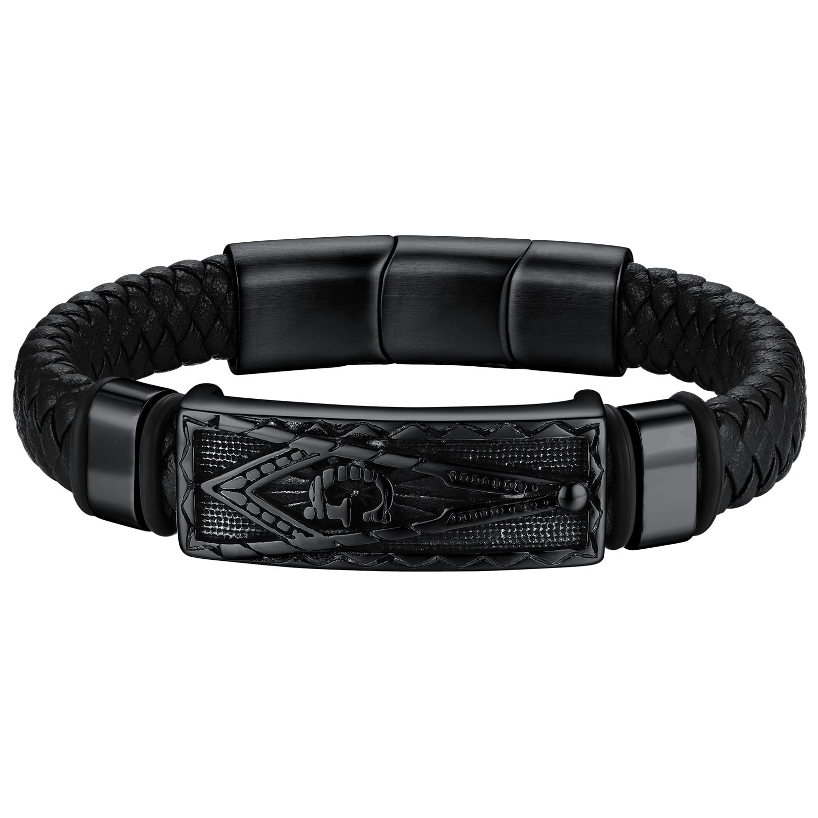 FaithHeart Black Leather Bracelet for Men Stainless Steel Thor's Hammer Bangles Braided Wristband Waterproof Punk Cuff Charm Bracelet Buckle Clasp Jewelry Gift for Boyfriend Husband Valentine's Day