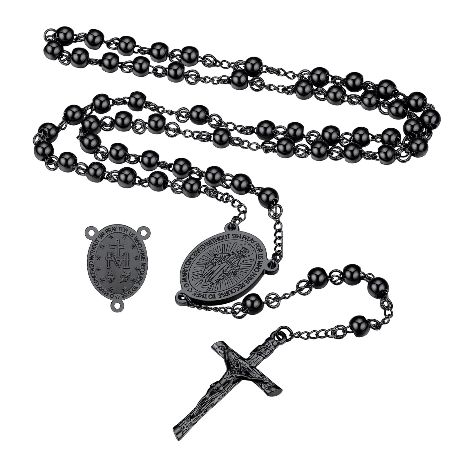 FaithHeart Black Rosary Necklace, Virgin Mary Holy Bead, Christian