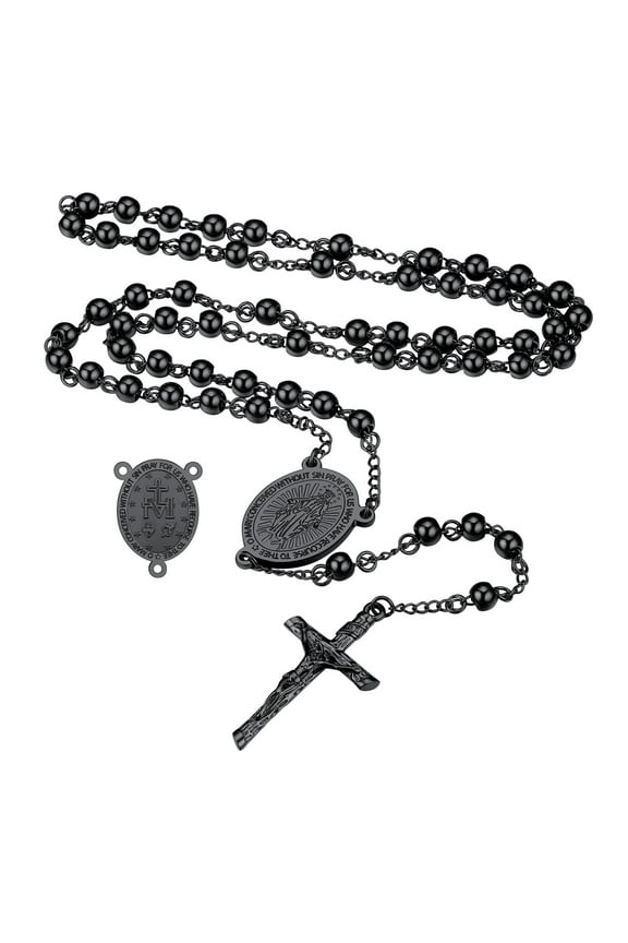 Black Rosary Necklace for Women Men Catholic Virgin Mary Holy Blessed Bead Christian Church Jesus Crucifix Cross Pendant Y Necklace Fathers Day Jewelry Gift for Dad
