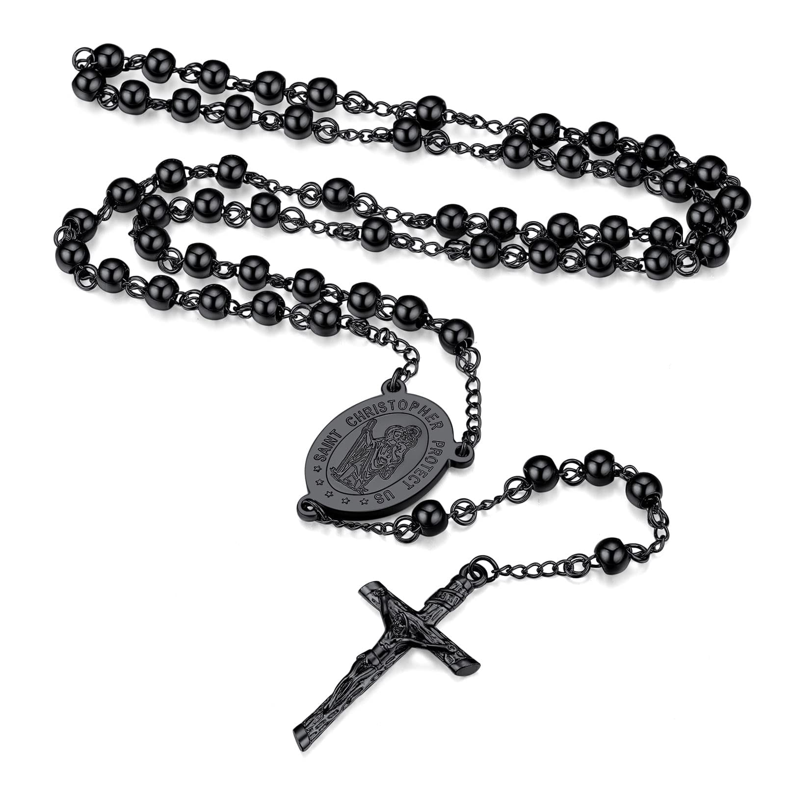 FaithHeart Black Saint Christopher Rosary Necklace for Women Men Holy Blessed Bead Christian Catholic Church Crucifix Cross Pendant Y Necklace Birthday Christmas Jewelry Gift for Dad Mom