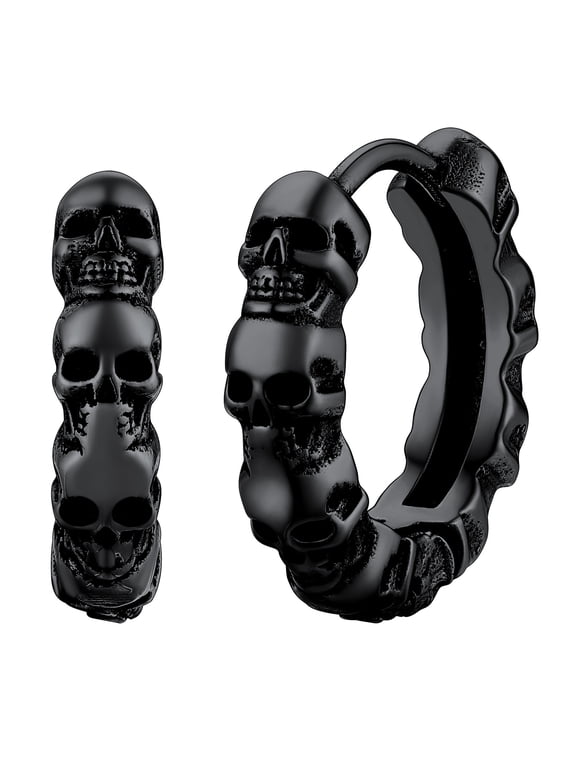 Black Skull Earrings for Men Stainless Steel Huggie Hoop Earrings Gothic Punk Skeleton Birthday Halloween Party Jewelry Gifts for Son Grandson