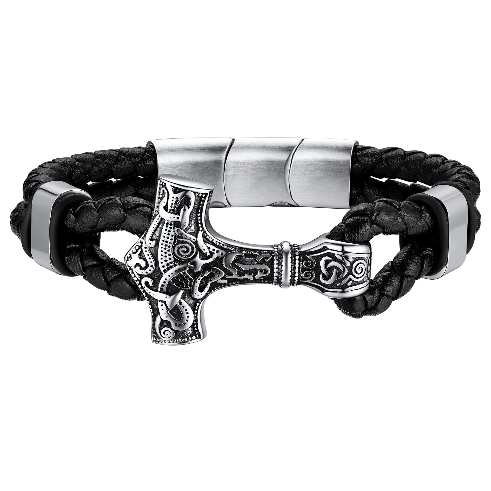 FaithHeart Braided Leather Bracelet for Men Stainless Steel Thor's Hammer Mjollnir Buckle Wristband Adjustable Bangles Viking Gothic Punk Cuff Charm Bracelet Jewelry Gift for Dad Grandpa Fathers Day