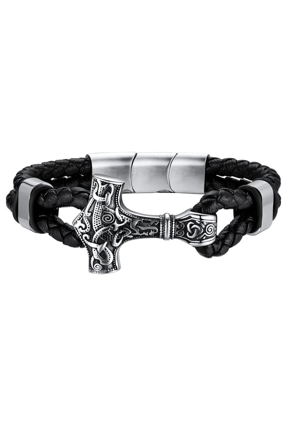 Braided Leather Bracelet for Men Stainless Steel Thor's Hammer Mjollnir Buckle Wristband Adjustable Bangles Viking Gothic Punk Cuff Charm Bracelet Jewelry Gift for Dad Grandpa Fathers Day