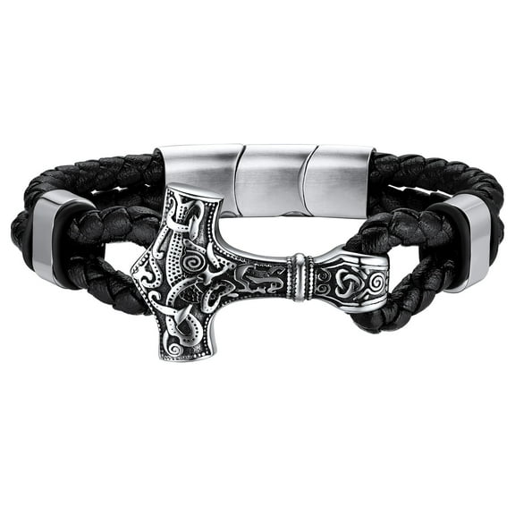 FaithHeart Braided Leather Bracelet for Men Stainless Steel Thor's Hammer Mjollnir Buckle Wristband Bangles Viking Punk Waterproof Cuff Charm Bracelet Jewelry Gift for Friends Grandson Birthday