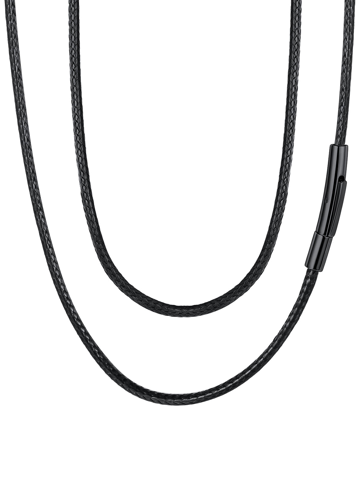 FaithHeart Braided Leather Cord Necklace for Men Women Stainless Steel Black Snap Clasp, 2MM Waterproof Black Woven Wax Rope Chain for Pendant Jewelry Gift for Birthday Christmas