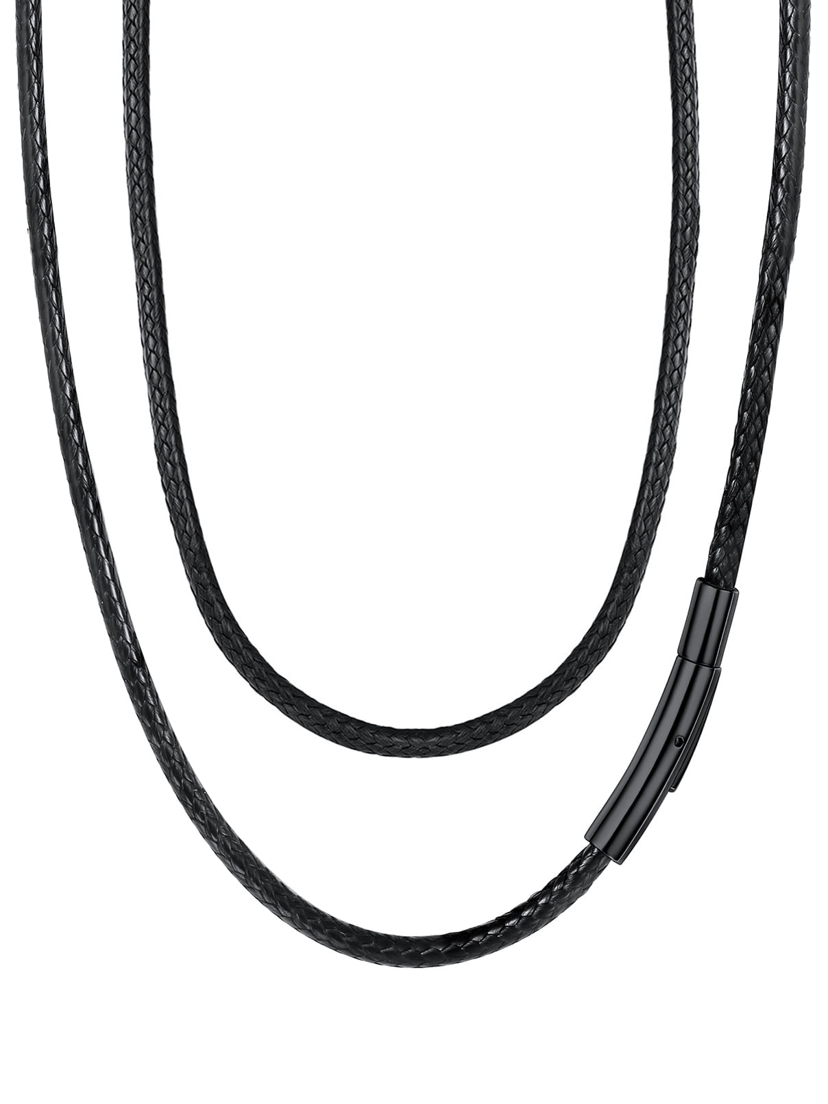 FaithHeart Braided Leather Cord Necklace for Men Women Stainless Steel Black Snap Clasp, 3MM Waterproof Black Woven Wax Rope Chain for Pendant Jewelry Gift for Boyfriend Valentine's Day
