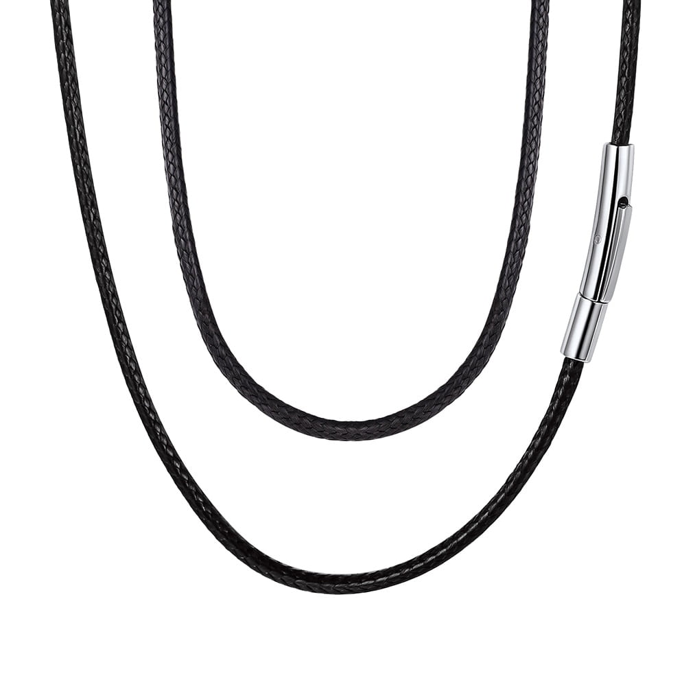 FaithHeart Men's Waterproof Braided Leather Necklace with Stainless Steel Clasp, 2MM Black Woven Wax Rope Chain Jewelry