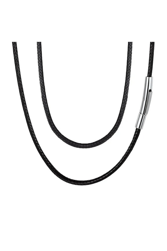 Braided Leather Cord Necklace for Men Women Stainless Steel Snap Clasp, 2MM Waterproof Black Woven Wax Rope Chain for Pendant Jewelry Gift for Son Graduation