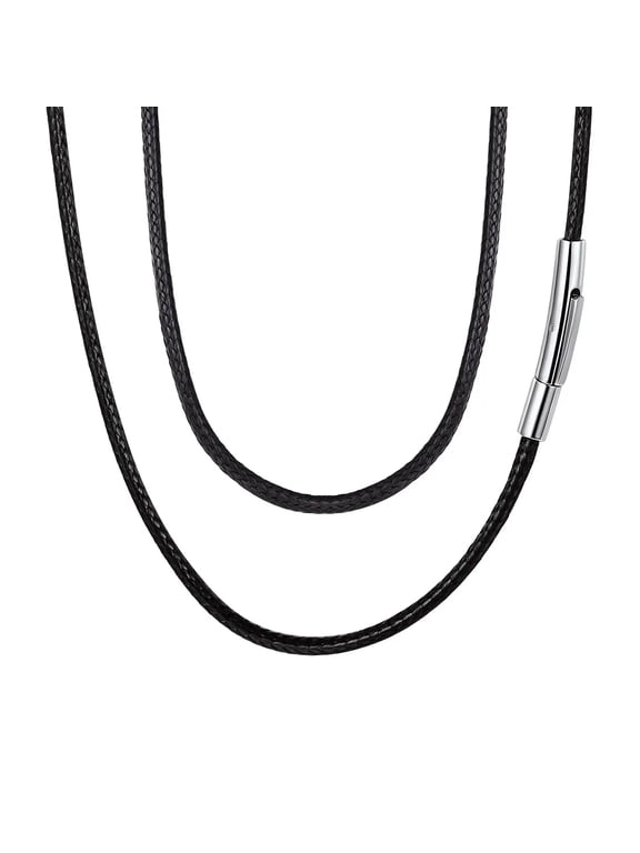 Braided Leather Cord Necklace for Men Women Stainless Steel Snap Clasp, 2MM Waterproof Black Woven Wax Rope Chain for Pendant Jewelry Gift for Dad Father's Day