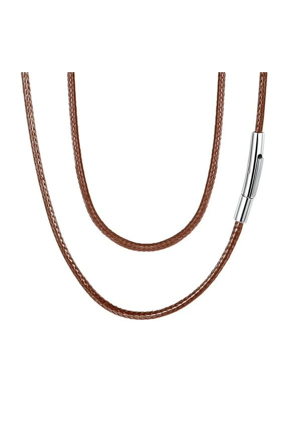 Braided Leather Cord Necklace for Men Women Stainless Steel Snap Clasp, 2MM Waterproof Brown Woven Wax Rope Chain for Pendant Jewelry Gift for Wife Anniversary
