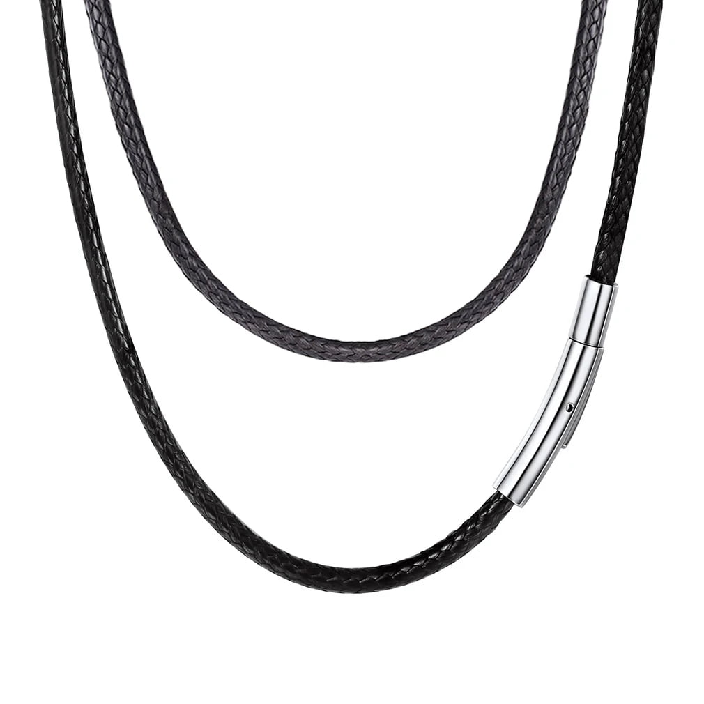 FaithHeart Braided Leather Cord Necklace for Men Women Stainless Steel Snap Clasp, 3MM Waterproof Black Woven Wax Rope Chain for Pendant Jewelry Gift for Son Birthday