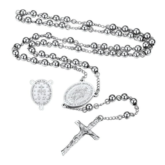 FaithHeart Christian Virgin Mary Necklace for Women Men Catholic Praying Rosary Bead Jesus Cross Y Necklace Stainless Steel Jewelry for Father Birthday Christmas with Gift Box