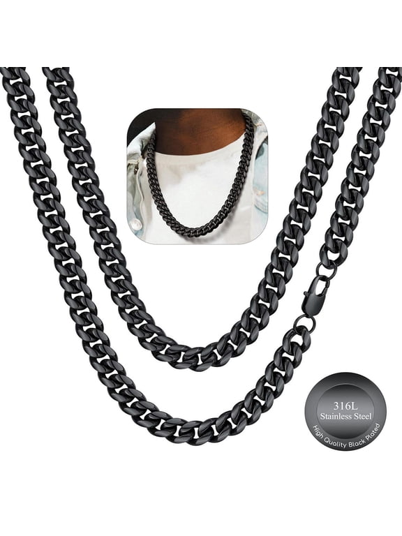 Chunky Miami Cuban Link Chain Men Necklace Black Stainless Steel Hip Hop Chains Necklaces 10mm Width 20 Inches Length Jewelry Gift for Father Brother Birthday Christmas