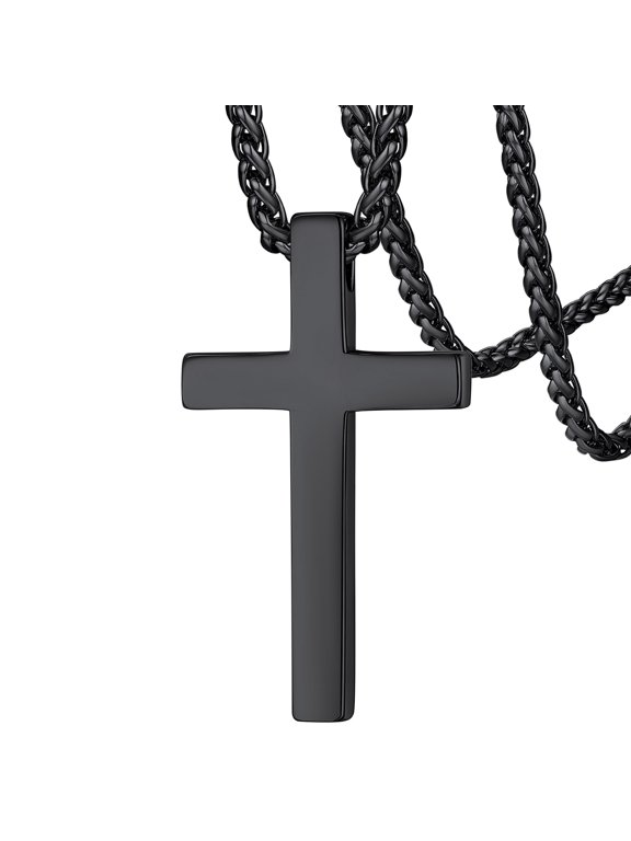 Cross Necklace for Men Women Black Stainless Steel Plain Cross Pendant Necklace Catholic Christian Easter Jewelry Gift for Dad Fathers Day