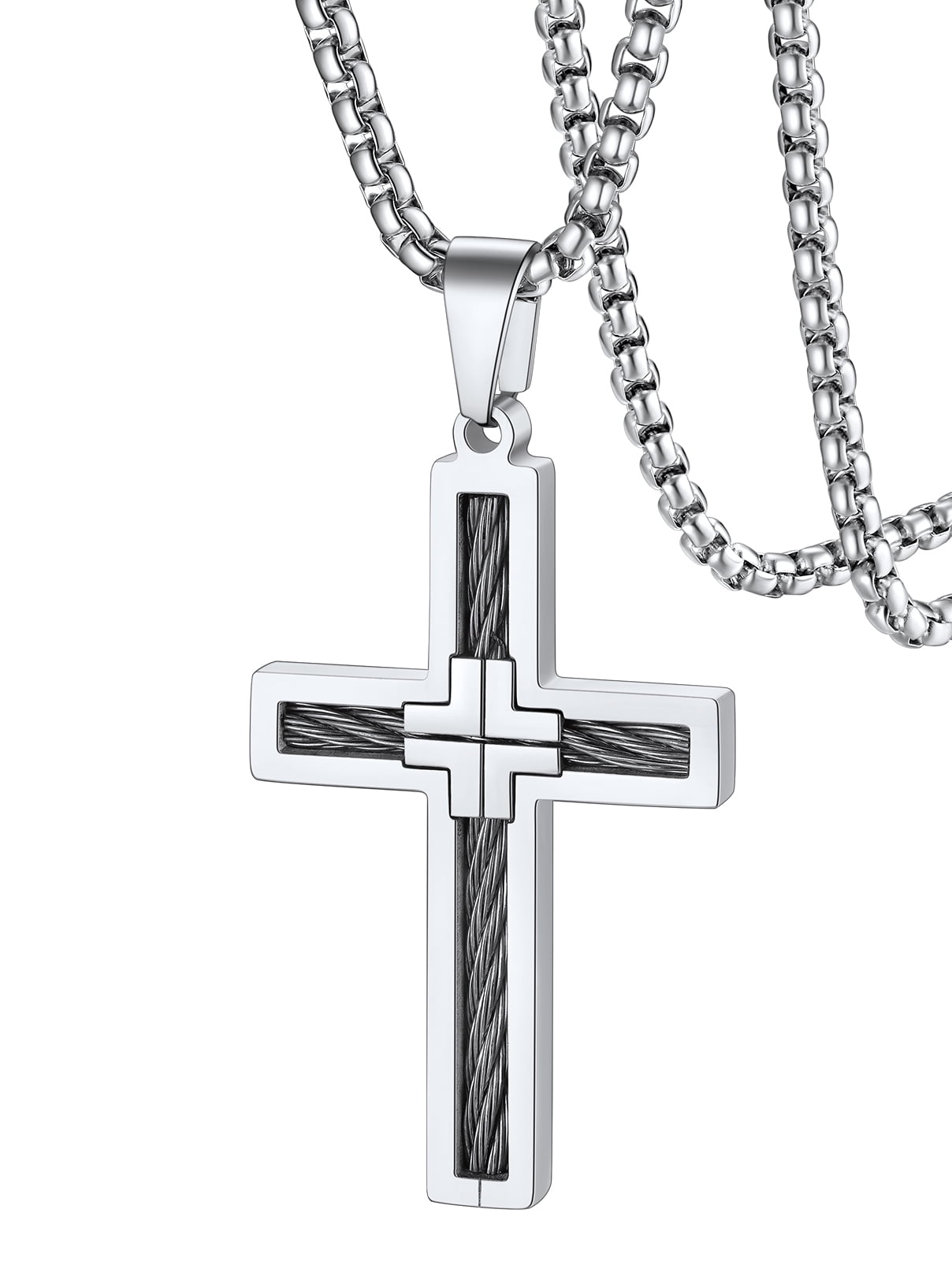 FaithHeart Cross Necklace for Men Women Silver Stainless Steel