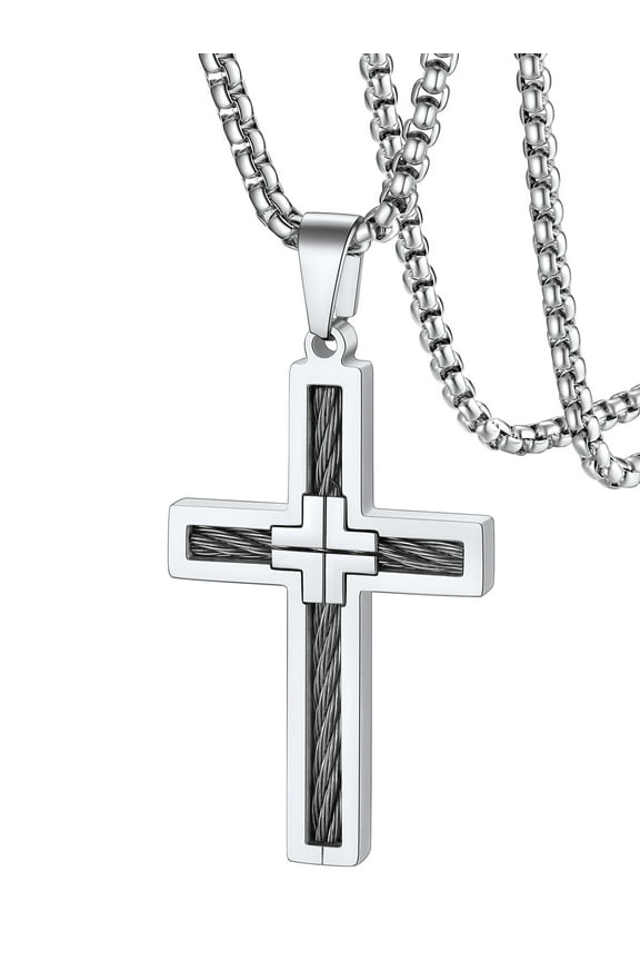 Cross Necklace for Men Women Silver Stainless Steel Vintage Catholic Christian Church Religious Jewelry Birthday Christmas Jewelry Gift for Father Friends