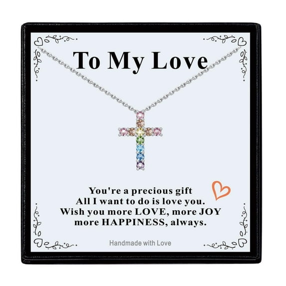 FaithHeart Cross Necklace for Women with Gift Card, Stainless Steel Colorful Cubic Zirconia Christian Faith Pendant Necklaces for Girlfriend Wife Birthday Valentines Christmas Jewelry Gift